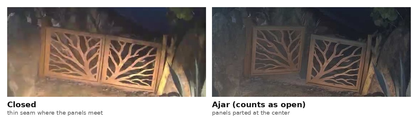 Two night camera stills of a wooden double gate with tree-shaped cutouts: closed on the left, ajar on the right.