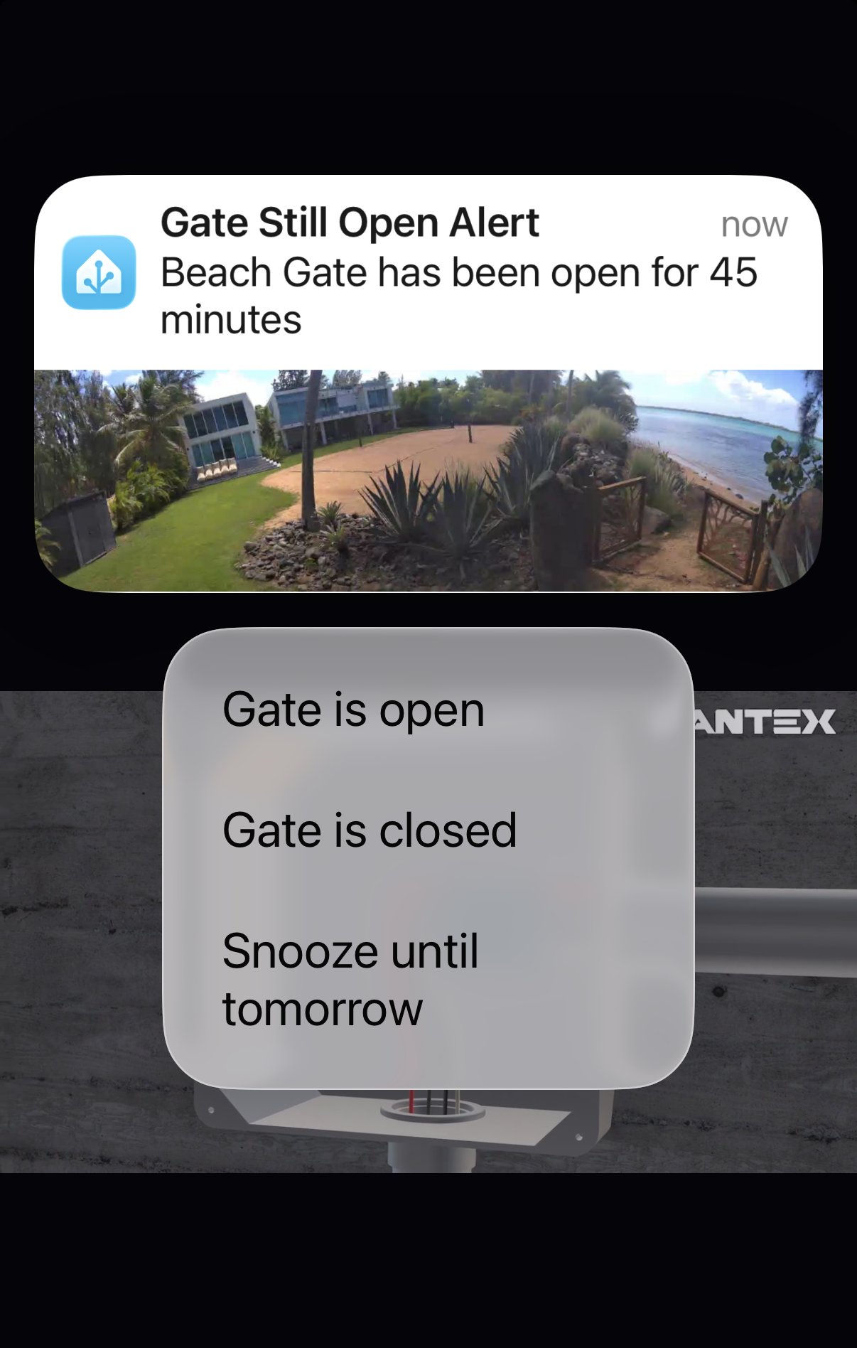 iPhone notification titled Gate Still Open Alert: Beach Gate has been open for 45 minutes, with the camera view of the open gate and three buttons: Gate is open, Gate is closed, and Snooze until tomorrow.
